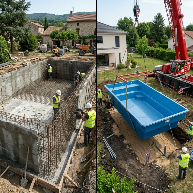 Comparatif piscine béton armé en construction et coque polyester posée par grue