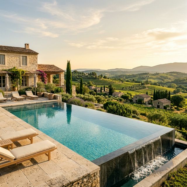 Piscine à débordement en béton avec vue panoramique sur la Provence