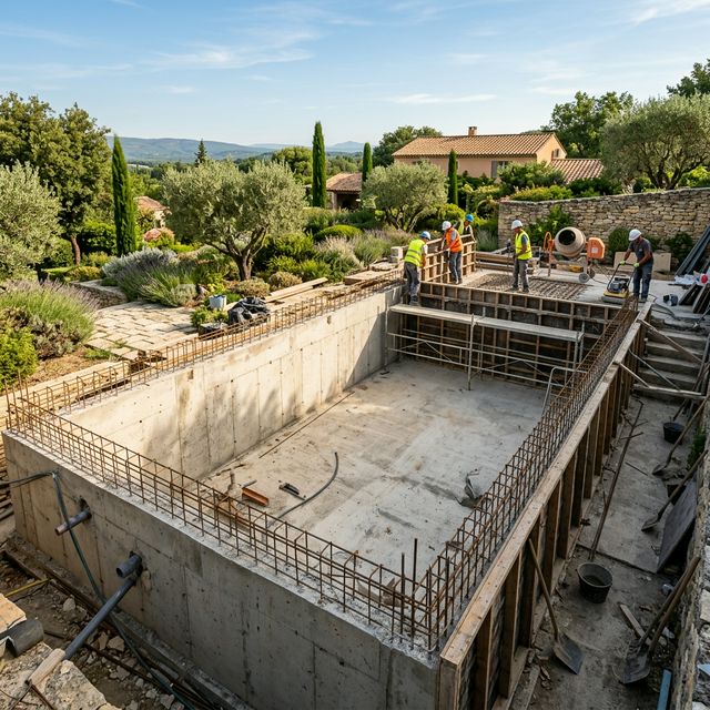 Chantier de construction d'une piscine béton avec ferraillage et coffrages en Provence