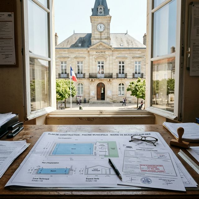 Plans de construction de piscine sur un bureau de mairie avec vue sur le bâtiment officiel
