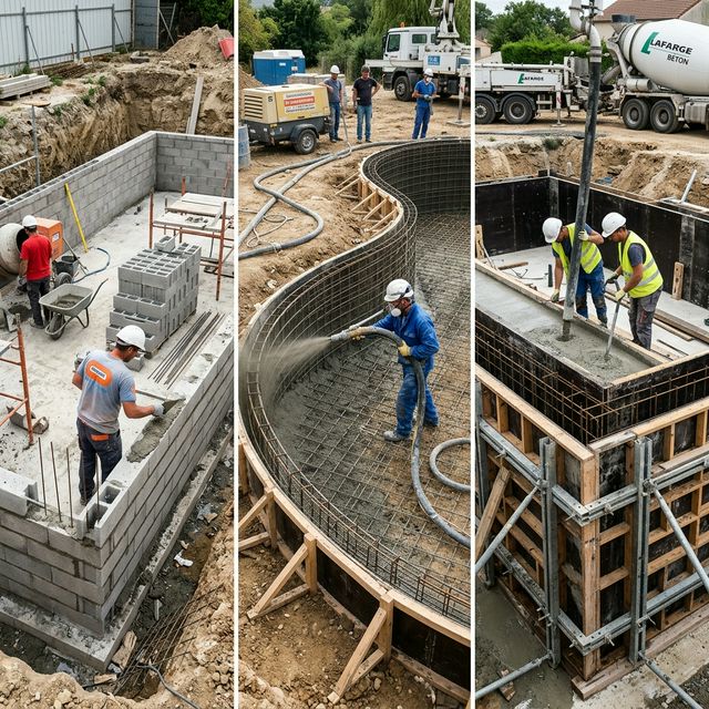 Trois techniques de construction piscine béton : parpaings, béton projeté et coffrage